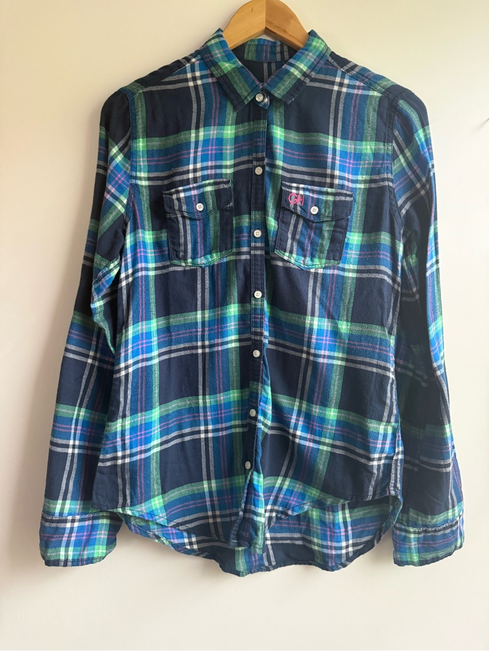Gilly Hicks Navy, Green & Blue Plaid Button-Down Shirt